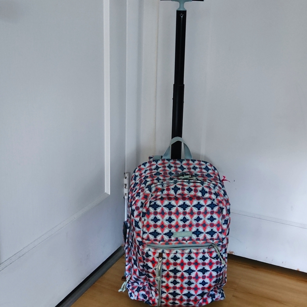 Vera Bradle Geometric Coral and Teal Large Rolling  Backpack